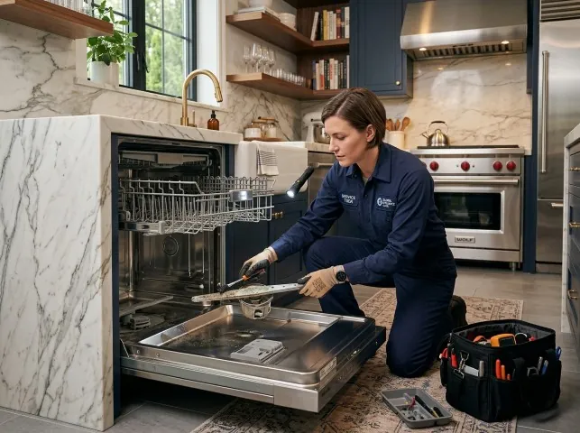 Appliance Repair Hero technician servicing a built-in dishwasher in a Belmont, WI kitchen