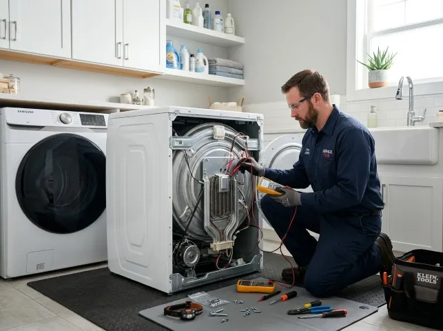 Appliance Repair Hero technician checking a dryer heating element with the rear panel off in Belmont, WI