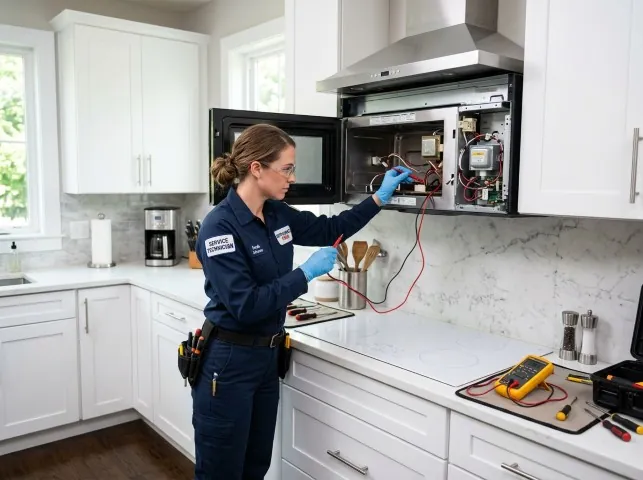 Appliance Repair Hero technician testing an over-the-range microwave in a Belmont, WI kitchen