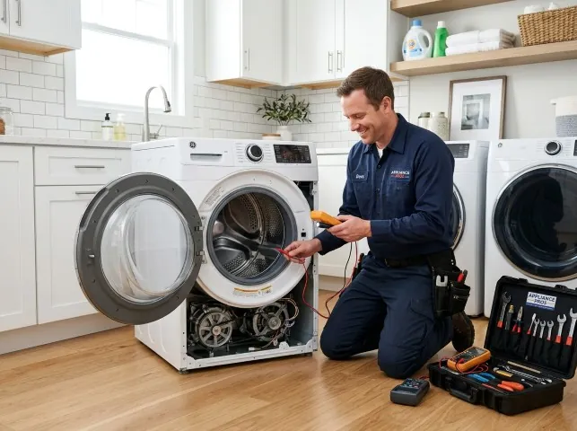 Appliance Repair Hero technician testing a front-load washer with a multimeter on a Belmont, WI service call